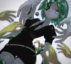 Rule 34 | 1other, bad id, bad pixiv id, black necktie, black shorts, collared shirt, colored eyelashes, commentary request, cowboy shot, cracked skin, crystal hair, disembodied eye, disembodied hand, gloves, green eyes, green hair, highres, houseki no kuni, mariya (mn 436), missing limb, necktie, one-eyed, other focus, pale skin, parted lips, phosphophyllite, puffy short sleeves, puffy sleeves, reaching, shards, shirt, short hair, short shorts, short sleeves, shorts, solo focus, white background, white gloves