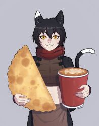 Rule 34 | 1girl, :3, armor, black fur, black hair, body fur, cat girl, cat tail, closed mouth, cup, disposable cup, dungeon meshi, fang, food, grey background, highres, holding, holding food, izutsumi, leather armor, looking at viewer, meowmei, mismatched animal ear colors, pastry, photo-referenced, red scarf, scarf, short hair, simple background, solo, tail, white fur, yellow eyes