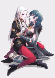 Rule 34 | 2girls, absurdres, black footwear, black jacket, black shorts, blue hair, boots, bracer, byleth (female) (fire emblem), byleth (fire emblem), chinese commentary, clothing cutout, commentary request, da-cart, edelgard von hresvelg, fire emblem, fire emblem: three houses, forehead, garreg mach monastery uniform, gloves, grey background, grey ribbon, hair ribbon, high heel boots, high heels, highres, jacket, juliet sleeves, long hair, long sleeves, looking at another, multiple girls, navel, navel cutout, nintendo, pantyhose, parted lips, puffy sleeves, purple eyes, red legwear, ribbon, shadow, shorts, signature, silver hair, simple background, very long hair, white gloves, yuri