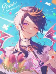 Rule 34 | 1boy, ;p, black hair, blonde hair, blue sky, blush, bouquet, chain, closed mouth, commentary, confetti, contrail, day, demon wings, detached collar, earrings, eyelashes, eyeshadow, fingernails, fire, flower, frills, green nails, hair over shoulder, hand up, heart, highres, holding, holding bouquet, jewelry, long fingernails, long hair, looking at viewer, makeup, male focus, milestone celebration, mochigome (yum), multicolored hair, nail polish, nijisanji, nijisanji en, one eye closed, outdoors, parted bangs, pink hair, purple eyes, purple fire, purple flower, purple hair, red eyeshadow, red flower, sharp fingernails, shikigami, shirt, shu yamino, shu yamino (1st costume), sidelocks, single earring, sky, sleeveless, sleeveless shirt, smile, solo, streaked hair, swept bangs, tongue, tongue out, tulip, turtleneck, upper body, virtual youtuber, wings, yaminion (shu yamino), yellow flower