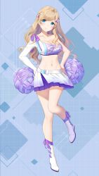 Rule 34 | 1girl, bare shoulders, blue eyes, boots, breasts, brown hair, cheerleader, cleavage, collarbone, crop top, full body, girl cafe gun, grainne draser (girl cafe gun), hair ribbon, hands on own hips, highres, holding, holding pom poms, kinako (shiratama mochi), large breasts, long hair, looking at viewer, midriff, miniskirt, navel, official art, pleated skirt, pom pom (cheerleading), pom poms, ribbon, shirt, single-shoulder shirt, single sleeve, skirt, solo, stomach, thighs, wavy hair, white footwear, white skirt