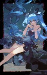 Rule 34 | 1girl, air bubble, bare arms, bare shoulders, black dress, black ribbon, blue eyes, blue hair, bubble, ciloranko, commentary, dress, feet out of frame, fish, floating hair, hair ribbon, hatsune miku, highres, long hair, looking at viewer, parted lips, ribbon, romaji commentary, shinkai shoujo (vocaloid), sleeveless, sleeveless dress, solo, twintails, underwear, very long hair, vocaloid