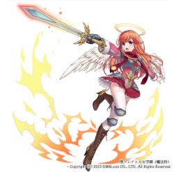 Rule 34 | 1girl, angel, angel wings, armor, blue eyes, boots, breastplate, character request, commentary request, dmm, hair between eyes, halo, high heel boots, high heels, holding, holding sword, holding weapon, knee pads, long hair, long sleeves, official art, open mouth, orange hair, sakura shiho, shoulder armor, simple background, skirt, solo, sword, teeth, thighhighs, tongue, weapon, white background, wings, zettai ryouiki