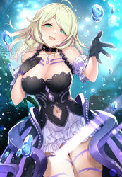 Rule 34 | 1girl, :d, ahoge, black dress, black gloves, blush, bodypaint, breasts, cleavage, clothing cutout, commentary request, detached sleeves, dress, gloves, green eyes, hand on own chest, highres, idolmaster, idolmaster cinderella girls, large breasts, light censor, markings, medium breasts, mk (mod0), navel, navel cutout, no panties, aged up, open mouth, outstretched hand, platinum blonde hair, short dress, short sleeves, smile, solo, two-tone dress, water, water drop, white dress, white sleeves, yusa kozue
