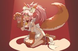 Rule 34 | 1girl, absurdres, animal ear fluff, animal ears, animal hands, apron, artist request, bell, blush stickers, breasts, cat hair ornament, cat paws, cleavage, collar, fang, fate/grand order, fate (series), fox ears, fox girl, fox tail, gloves, hair ornament, hair ribbon, highres, jingle bell, large breasts, long hair, looking at viewer, naked apron, neck bell, open mouth, paw gloves, paw shoes, pink hair, ponytail, red ribbon, ribbon, shoes, sitting, skin fang, solo, tail, tamamo (fate), tamamo cat (fate), tamamo cat (third ascension) (fate), white apron, yellow eyes
