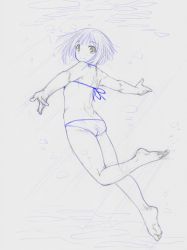 Rule 34 | 1girl, ass, barefoot, bikini, commentary request, feet, freediving, from behind, kasuga yukihito, monochrome, short hair, sketch, solo, swimming, swimsuit, traditional media, underwater