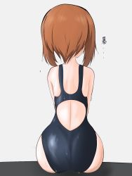 Rule 34 | 1girl, ass, back cutout, black one-piece swimsuit, boko dream, brown hair, clothing cutout, commentary, facing away, from behind, girls und panzer, grey background, highres, nishizumi miho, one-piece swimsuit, school swimsuit, short hair, simple background, sitting, solo, swimsuit, translated, wet