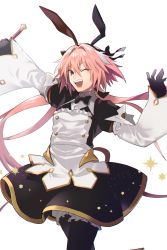Rule 34 | 1boy, astolfo (fate), astolfo (saber) (fate), astolfo (saber) (third ascension) (fate), black bow, black gloves, black pantyhose, black ribbon, blush, bow, bowtie, commentary request, dress, fate/apocrypha, fate (series), frills, gloves, hair bow, hair intakes, hair ribbon, happy, highres, holding, long hair, long sleeves, looking at viewer, male focus, multicolored hair, one eye closed, ororooops, pantyhose, pink hair, purple eyes, ribbon, simple background, smile, solo, streaked hair, trap, twintails, white background, white hair