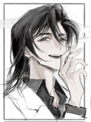 Rule 34 | between fingers, border, cigarette, hagiwara kenji, hand up, highres, holding, holding cigarette, jacket, looking at viewer, medium hair, meitantei conan, monochrome, outside border, portrait, simple background, sketch, smile, smoke, smoking, solo, willowofzion