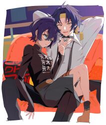 1boy 1girl absurdres arms_behind_head asaba_harumasa belle_(zenless_zone_zero) black_choker black_hair black_necktie blue_eyes blue_hair breasts choker collared_shirt couch cropped_legs earrings headband hetero highres jewelry long_sleeves medium_breasts necktie pants purple_hair shirt short_hair single_sock single_thighhigh sitting socks spread_legs thighhighs undone_necktie white_shirt yellow_eyes yellow_headband yuchizero zenless_zone_zero