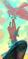 Rule 34 | 1girl, absurdres, aqua nails, aqua theme, beak hold, bird, black sleeves, cloud, cloudy sky, commentary request, day, fingernails, glitter, green sky, green theme, hand focus, hand tattoo, hand up, hatsune miku, highres, kobacha (ochakoba), leaf, light particles, limited palette, mouth hold, number tattoo, out of frame, outdoors, plant, red clouds, see-through, see-through sleeves, sky, solo, tattoo, vines, vocaloid, white bird, wide sleeves, yellow clouds