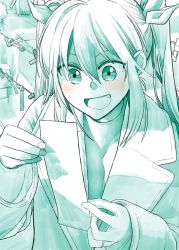 Rule 34 | 1girl, :d, blush, bow, commentary request, fang, fingernails, green theme, hair between eyes, hair bow, happy, highres, holding, jacket, jewelry, kantai collection, long sleeves, looking down, monochrome, new year, open clothes, open jacket, open mouth, outdoors, ring, smile, solo, spot color, tone (kancolle), two side up, wedding band, yami (m31)