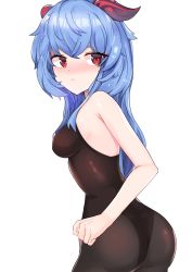 Rule 34 | 1girl, absurdres, ahoge, anguss, ass, bare shoulders, blue hair, blush, bodysuit, breasts, from behind, ganyu (genshin impact), genshin impact, highres, horns, long hair, looking back, pantyhose, red eyes, shiny clothes, shiny skin, sideboob, solo, very long hair