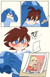 Rule 34 | 1boy, 1girl, blonde hair, blue eyes, blue gloves, blue headwear, blush, border, bra, breasts, brother and sister, brown hair, gloves, helmet, high ponytail, highres, incest, lingerie, mega man (character), mega man (classic), mega man (series), one eye closed, panties, paperclip (artist), photo (object), ponytail, roll (mega man), siblings, simple background, small breasts, snort, spiked hair, text focus, tongue, tongue out, underwear, v, wink