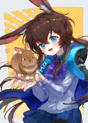 Rule 34 | 1girl, amiya (arknights), animal, animal ear fluff, animal ears, arknights, ascot, blue eyes, blue jacket, blue skirt, brown hair, commentary, cowboy shot, highres, holding, holding animal, holding rabbit, jacket, jewelry, long hair, long sleeves, looking at viewer, multiple rings, open mouth, plaid, plaid skirt, purple ascot, rabbit, rabbit ears, rabbit girl, ring, skirt, spacelongcat, sweater, twintails, white sweater