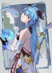 Rule 34 | 1girl, ahoge, backless outfit, black bodysuit, black gloves, blue hair, bodysuit, bow (weapon), breasts, closed mouth, commentary request, dated, detached sleeves, floating, floating object, floating weapon, ganyu (genshin impact), genshin impact, gloves, hair between eyes, head tilt, highres, horns, long hair, looking at viewer, medium breasts, pazuu, red eyes, signature, solo, vision (genshin impact), weapon, weapon on back
