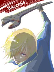 Rule 34 | 00s, 1boy, baccano!, blonde hair, graham specter, hair over one eye, jumpsuit, male focus, non-web source, solo, white background, wrench