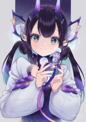 Rule 34 | 1girl, blue eyes, blush, borrowed character, bottle, hair rings, high collar, highres, holding, horns, long hair, long sleeves, looking at viewer, low twintails, mole, mole under eye, night, night sky, orb, original, perfume bottle, pointy ears, puffy long sleeves, puffy sleeves, purple hair, sakunagita, sky, smile, solo, star (sky), starry sky, straight-on, twintails, upper body, wing hair ornament