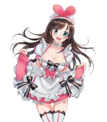 Rule 34 | 1girl, adapted costume, apron, black bow, black scrunchie, blue eyes, blush, bow, breasts, brown hair, choker, cleavage, collarbone, cowboy shot, curtsey, dress, female focus, frilled apron, frills, hands up, happy, head tilt, highres, jpeg artifacts, kizuna ai, kizuna ai inc., looking at viewer, maid headdress, medium breasts, mhk (mechamania), multicolored hair, open mouth, pink dress, puffy short sleeves, puffy sleeves, scrunchie, short sleeves, simple background, smile, solo, standing, straight-on, streaked hair, teeth, thigh gap, thighhighs, two-tone hair, virtual youtuber, white apron, white background, white thighhighs, wrist scrunchie, zettai ryouiki