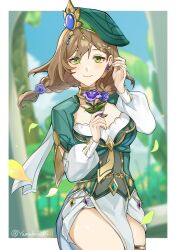 Rule 34 | 1girl, absurdres, beret, braid, breasts, brown hair, earrings, flower, flower earrings, gem, genshin impact, gold trim, green eyes, green hat, hair flower, hair ornament, hair over shoulder, hat, highres, holding, holding flower, jewelry, large breasts, lisa (a sobriquet under shade) (genshin impact), lisa (genshin impact), long sleeves, looking at viewer, medium hair, neck ring, necklace, official alternate costume, pelvic curtain, puffy long sleeves, puffy sleeves, purple flower, purple rose, rose, short braid, sidelocks, skirt, solo, standing, twin braids, white skirt, yamabuki0211