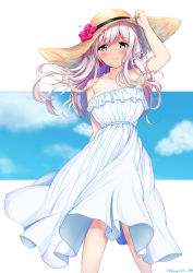 Rule 34 | 1girl, absurdres, alternate costume, alternate hairstyle, bare shoulders, blue eyes, dress, earrings, fate/grand order, fate (series), flower, hair down, hand on headwear, hat, hat flower, highres, jewelry, long hair, miyamoto musashi (fate), namaponpon 00, pink hair, sleeveless, sleeveless dress, solo, straw hat, sun hat, sundress, white dress
