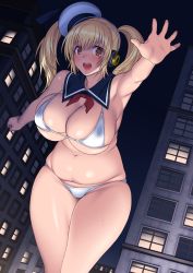 Rule 34 | 1girl, armpits, bare shoulders, belly, bikini, blonde hair, blush, breasts, city, cleavage, cosplay, crossover, curvy, ghostbusters, giant, giantess, hat, headphones, highres, huge breasts, long hair, looking at viewer, navel, nitroplus, open mouth, orange eyes, outstretched hand, parody, plump, school uniform, serafuku, shiny clothes, solo, stay puft, stay puft (cosplay), super pochaco, suzume inui, sweat, swimsuit, thick thighs, thighs, twintails, white bikini, wide hips