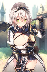 Rule 34 | 1girl, armor, belt, black gloves, black thighhighs, blue collar, blurry, breasts, castle, cleavage, collar, cowboy shot, depth of field, fingerless gloves, gloves, greaves, green eyes, hair between eyes, holding, holding weapon, hololive, large breasts, leaning forward, long sleeves, mace, mole, mole on breast, pelvic curtain, pleated skirt, shirogane noel, shirogane noel (1st costume), short hair, shoulder armor, skirt, solo, standing, sune (mugendai), sweat, thighhighs, virtual youtuber, weapon, white hair, wrist guards