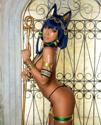 Rule 34 | 1girl, animal ears, armlet, asian, bare shoulders, bastet (mythology), blue hair, bodypaint, bracelet, breasts, cat ears, color contacts, egyptian clothes, egyptian mythology, facial mark, french nails, highres, indoors, japanese (nationality), jewelry, lots of jewelry, makeup, mascara, medium breasts, nail polish, nonsummerjack, o-ring, o-ring bottom, original, photo (medium), ring, sideboob, sidelocks, solo, staff, standing, tan, thigh strap, wig, yellow eyes, yellow nails
