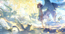 Rule 34 | 1girl, above clouds, angel, angel wings, animal, animal ears, arms behind back, back, bare arms, bare legs, barefoot, blue eyes, blue sky, breasts, brown hair, cat, cat ears, clothes lift, cloud, commentary, day, dress, dress lift, english text, engrish text, feathered wings, flying, from behind, from below, fur, gate, hair between eyes, heaven, highres, kneepits, light particles, light rays, light smile, looking at viewer, looking back, motion blur, observerz, original, own hands together, personification, ranguage, signature, sitting, sky, sleeveless, sleeveless dress, small breasts, smile, soles, stairs, sundress, swept bangs, walking, white dress, white wings, wings