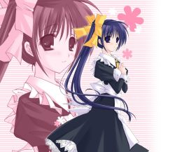 Rule 34 | 00s, 1girl, blue eyes, blue hair, bow, own hands clasped, hayashi sakura, itou noemi, long hair, maid, matching hair/eyes, own hands together, side ponytail, solo, waitress, with you, yellow bow, zoom layer