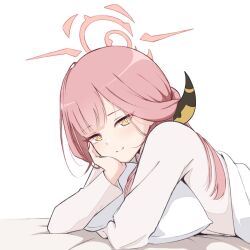 Rule 34 | 1girl, aru (blue archive), blanket, blue archive, bright pupils, cheek rest, closed mouth, halo, highres, horns, long hair, long sleeves, looking at viewer, lying, matsumotossu, on stomach, pillow, pink hair, simple background, smile, solo, white background, white pupils, yellow eyes