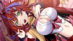 Rule 34 | 1girl, akane canna, akane canna (1st costume), antenna hair, blush, breasts, button gap, candy, chocolate, chocolate heart, cleavage, commentary request, food, food in mouth, green eyes, hair intakes, heart, heart-shaped pupils, jacket, jacket partially removed, large breasts, looking at viewer, midriff, miso panda, multicolored hair, nanashi inc., navel, open mouth, purple hair, red hair, red jacket, red skirt, scarf, shirt, short hair, sideways, skirt, sleeveless, sleeveless shirt, solo, streaked hair, suspender skirt, suspenders, symbol-shaped pupils, two-tone hair, underbust, upper body, valentine, virtual youtuber, white shirt, wing hair ornament, yellow scarf