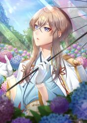 Rule 34 | 1boy, after rain, androgynous, blue flower, blue kimono, brown hair, bungou to alchemist, cape, commentary, corset, crossed bangs, day, double-parted bangs, eyeliner, flower, gloves, gold trim, hair between eyes, highres, holding, holding umbrella, hydrangea, izumi kyouka (bungou to alchemist), japanese clothes, kimono, leaf print, light rays, looking up, male focus, maple leaf print, oil-paper umbrella, parted lips, purple eyes, purple flower, red eyeliner, short hair with long locks, solo, sunlight, transparent, transparent umbrella, tree, tukisaya, umbrella, white cape, white gloves