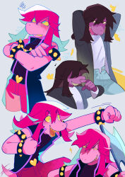 Rule 34 | 1girl, aqua eyes, armlet, arms up, axe, black eyes, black hair, clenched hands, crossed arms, deltarune, freckles, furry, furry female, hair between eyes, heart, highres, jacket, leaf, long hair, multiple views, musical note, open mouth, pink hair, senjochi janai, sharp teeth, shirt, signature, simple background, sparkle, spikes, squiggle, studded armlet, studded bracelet, susie (deltarune), teeth, tongue, weapon, yellow teeth