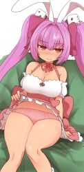 Rule 34 | 1girl, animal ears, bare shoulders, bow, breasts, clothes lift, di gi charat, dice hair ornament, dress, hair bow, hair ornament, large breasts, long hair, panties, pink hair, rabbit ears, red eyes, ribbon, sitting, skirt, skirt lift, solo, sumiyao (amam), twintails, underwear, usada hikaru