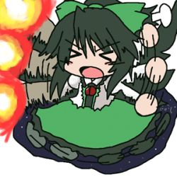 Rule 34 | &gt; &lt;, 1girl, 216, animated, animated gif, arm cannon, black hair, bow, cape, chibi, closed eyes, female focus, hair bow, long hair, lowres, open mouth, reiuji utsuho, skirt, solo, tantrum, third eye, touhou, weapon, wings