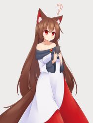 Rule 34 | 1girl, ?, animal ears, breasts, brooch, brown hair, card, collarbone, dress, hashi2387, highres, imaizumi kagerou, jewelry, large breasts, long hair, long sleeves, looking at viewer, off-shoulder dress, off shoulder, red eyes, simple background, solo, tail, touhou, unconnected marketeers, very long hair, white background, white dress, wolf ears, wolf tail