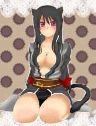 Rule 34 | 00s, 1girl, animal ears, black hair, blush, boots, breasts, cat ears, cat girl, cat tail, cleavage, female focus, frown, gender request, genderswap, large breasts, long hair, open clothes, open shirt, purple eyes, shirt, simple background, sitting, solo, sweat, tail, tales of (series), tales of vesperia, yuri lowell