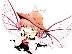 Rule 34 | 1girl, animal ears, bad id, bad pixiv id, fang, female focus, gradient background, hands on own face, hat, highres, mystia lorelei, sad, solo, tears, touhou, tsuttsu, white background, wings