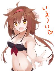 Rule 34 | 1girl, adapted costume, ahoge, bikini, brown eyes, brown hair, commentary request, front-tie bikini top, front-tie top, hair flaps, hairband, highres, kantai collection, low twintails, red hairband, ringo002, shiratsuyu (kancolle), shiratsuyu (swimsuit) (kancolle), shiratsuyu kai ni (kancolle), simple background, smile, solo, swimsuit, twintails, upper body, white background