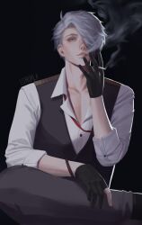 Rule 34 | 1boy, artist name, black background, black gloves, black vest, blowing smoke, bustafellows, cigarette, crossed legs, ear piercing, gloves, grey hair, hair over one eye, highres, holding, holding cigarette, looking at viewer, luhuala, male focus, piercing, shirt, shu (bustafellows), sitting, smoking, solo, vest, white shirt, yellow eyes