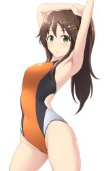Rule 34 | 1girl, arched back, arm over head, armpits, arms up, black one-piece swimsuit, blush, breasts, brown hair, commentary request, competition swimsuit, contrapposto, covered navel, green eyes, grey one-piece swimsuit, hair ornament, hairclip, highleg, himekawa yuki, idolmaster, idolmaster cinderella girls, long hair, looking at viewer, medium breasts, multicolored clothes, multicolored swimsuit, one-piece swimsuit, orange one-piece swimsuit, pataneet, simple background, smile, solo, swimsuit, white background