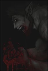 Rule 34 | 1boy, bara, beard, black sclera, black theme, blood, blood from mouth, blood on hands, brusi (iixblacklionxii), colored sclera, demon boy, ear piercing, facial hair, fingernails, from side, hands up, highres, iixblacklionxii, large hands, male focus, mature male, muscular, muscular male, nude, open hands, original, piercing, pointy ears, profile, scar, scar on arm, sharp fingernails, short hair, sideburns, solo, spiked hair, spot color, thick eyebrows, upper body, yellow eyes