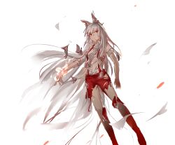 Rule 34 | 1girl, bow, breasts, commentary, feet out of frame, fire, fujiwara no mokou, hair bow, long hair, pants, parted lips, pyrokinesis, red eyes, red pants, shirt, simple background, small breasts, solo, suspenders, torn bow, torn clothes, torn pants, torn shirt, touhou, white background, white bow, white hair, white shirt, xinjinjumin249055877979