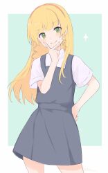 Rule 34 | 1girl, blonde hair, border, closed mouth, collared shirt, commentary, cowboy shot, dress, finger to own chin, green eyes, grey background, grey dress, hairband, hand on own hip, heanna sumire, highres, light blush, long hair, looking at viewer, love live!, love live! superstar!!, onigiri noe, red hairband, school uniform, shirt, short sleeves, sidelocks, smile, solo, v, white border, white shirt, yuigaoka school uniform