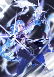 1girl, absurdres, ahoge, bangs, bell, black bodysuit, black gloves, blue hair, bodystocking, bodysuit, bow (weapon), cowbell, drawing bow, edoya inuhachi, ganyu (genshin impact), genshin impact, gloves, goat horns, highres, holding, holding bow (weapon), holding weapon, horns, long hair, low ponytail, purple eyes, signature, solo, weapon