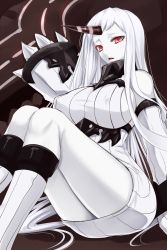 Rule 34 | 10s, 1girl, abyssal ship, akitsuki karasu, bare shoulders, breasts, colored skin, covered erect nipples, detached sleeves, dress, highres, horns, kantai collection, large breasts, long hair, looking at viewer, red eyes, ribbed dress, ribbed sweater, seaport princess, short dress, single horn, sitting, solo, sweater, sweater dress, thighs, very long hair, white hair, white skin