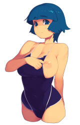 Rule 34 | 1girl, adjusting clothes, adjusting swimsuit, aqua hair, arm behind back, blue eyes, blue hair, blunt bangs, blush, breasts, clothes pull, collarbone, covered navel, cropped legs, inverted nipples, large breasts, matching hair/eyes, metata, nipple slip, nipples, one-piece swimsuit, one-piece swimsuit pull, original, short hair, simple background, solo, sweat, swimsuit, white background
