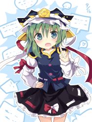 Rule 34 | 1girl, asymmetrical hair, bad id, bad twitter id, blouse, blue eyes, bow, green hair, hand on own hip, hat, index finger raised, long sleeves, open mouth, ribbon, scolding, shiki eiki, shirt, skirt, solo, to-den (v-rinmiku), touhou, vest