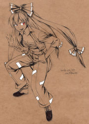 Rule 34 | 1girl, :d, artist name, bow, breasts, brown background, cleavage, collarbone, cross-laced footwear, dated, fire, fire, fujiwara no mokou, full body, hair bow, hair ribbon, hand in pocket, highres, index finger raised, long hair, medium breasts, monochrome, mushroom (osh320), open clothes, open mouth, pants, red eyes, ribbon, sarashi, simple background, smile, solo, spot color, suspenders, torn clothes, touhou, very long hair